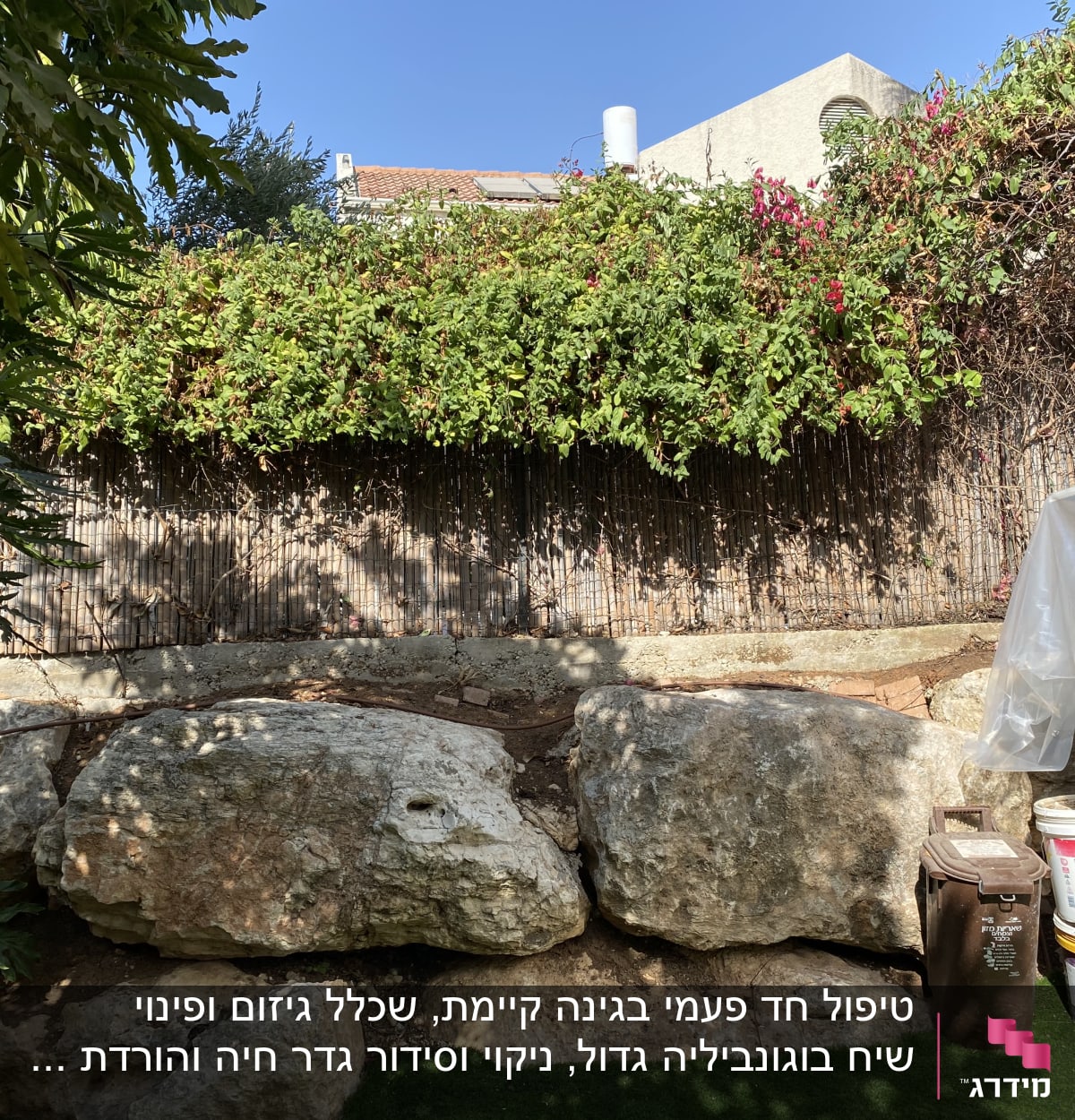 סלעים גדולים, גדר במבוק, צמחייה ירוקה ופרחים